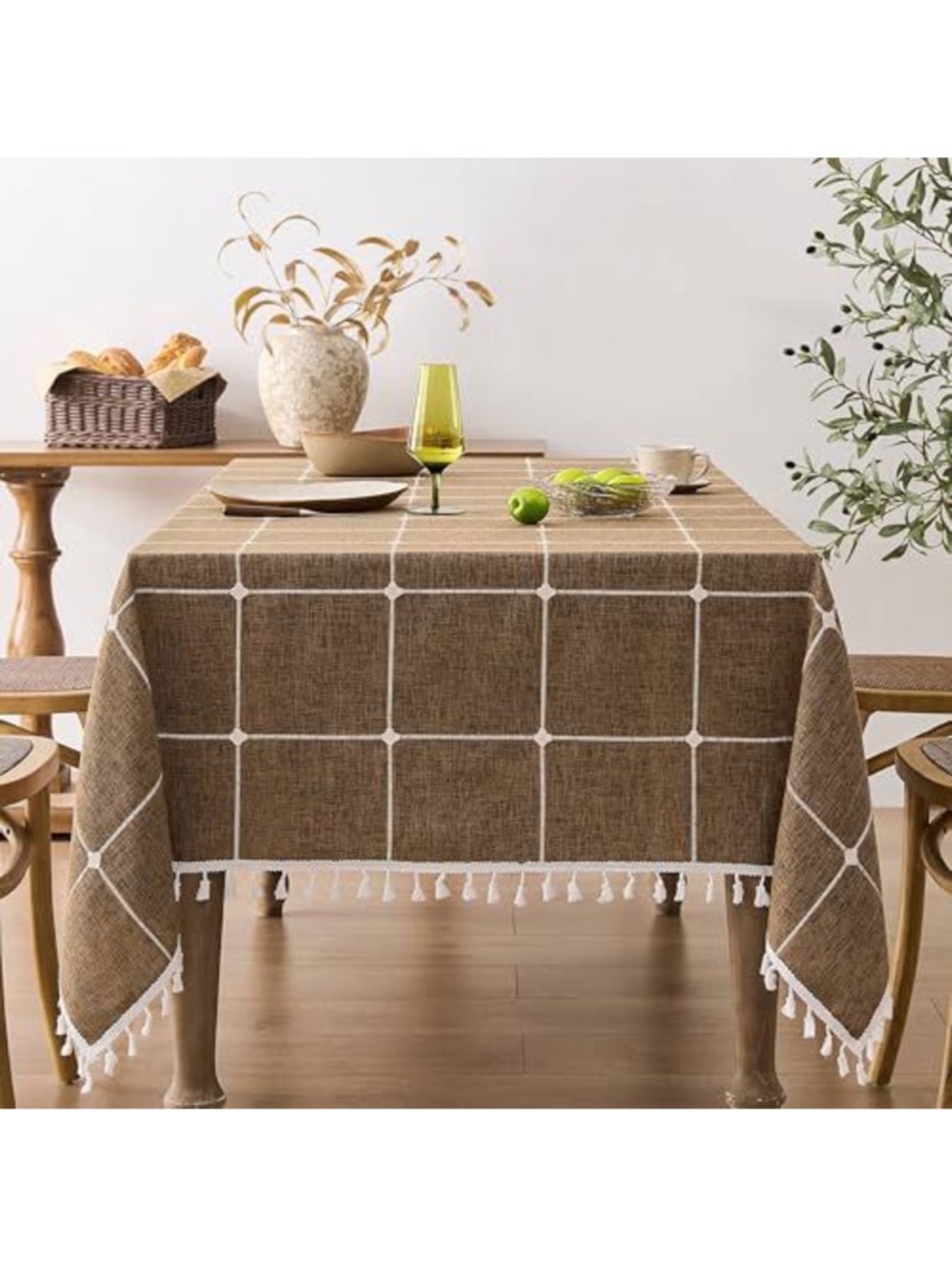 NEW ZeeMart Boho Grid Table Cloth with Tassels (Caramel, 60"x104”) Heavy Weight
